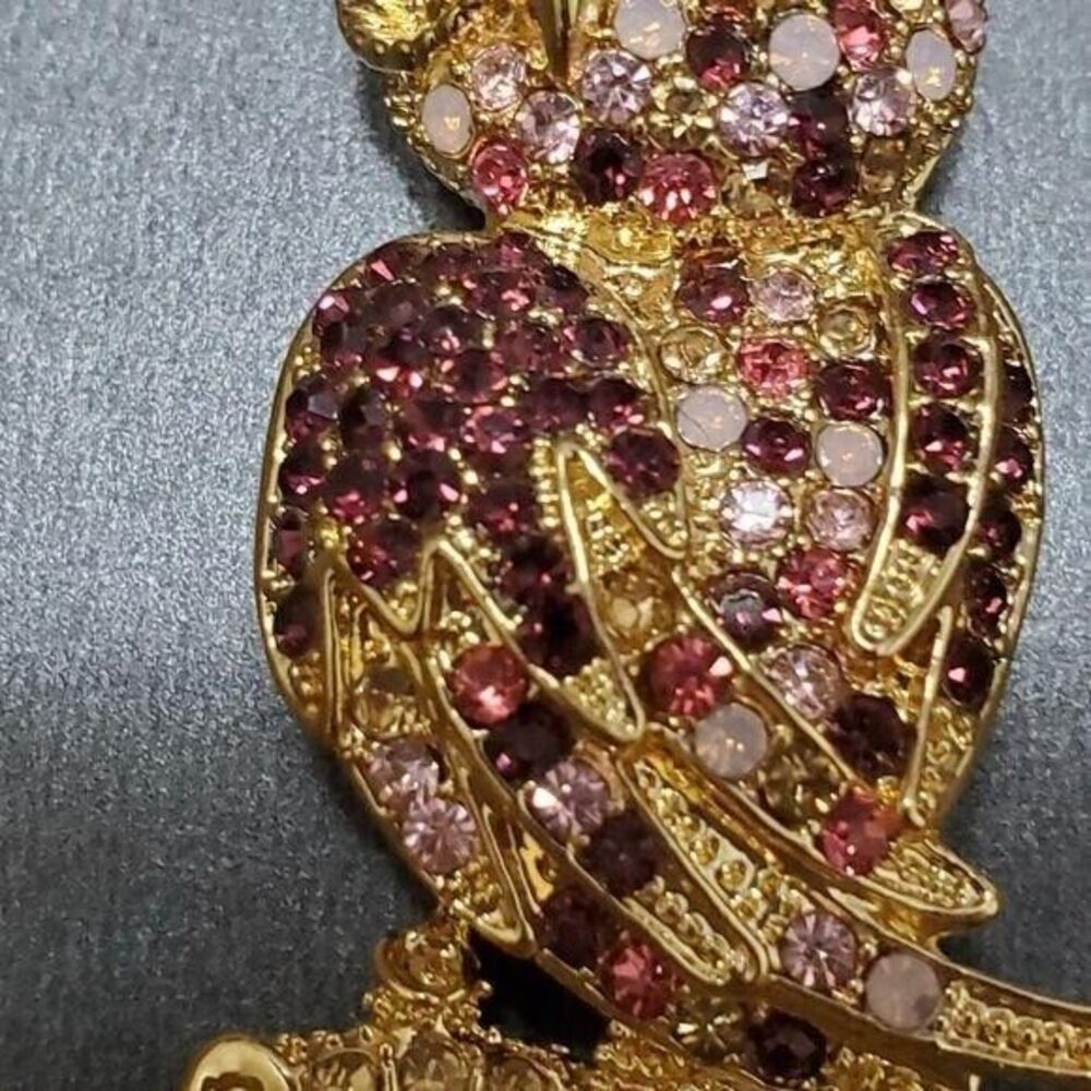 Monet gold tone rhinestone owl key fob pink burgundy - Picture 4 of 7